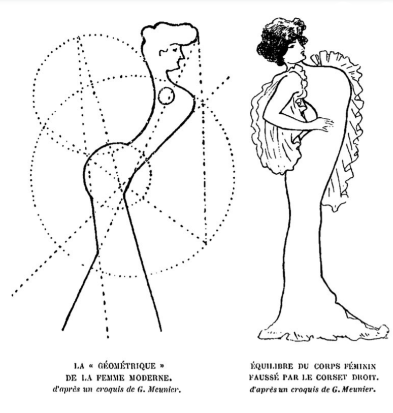 El gran cartelista francés George Meunier explicó en este croquis el cambio que sufrió la silueta femenina entre 1900 y 1910.